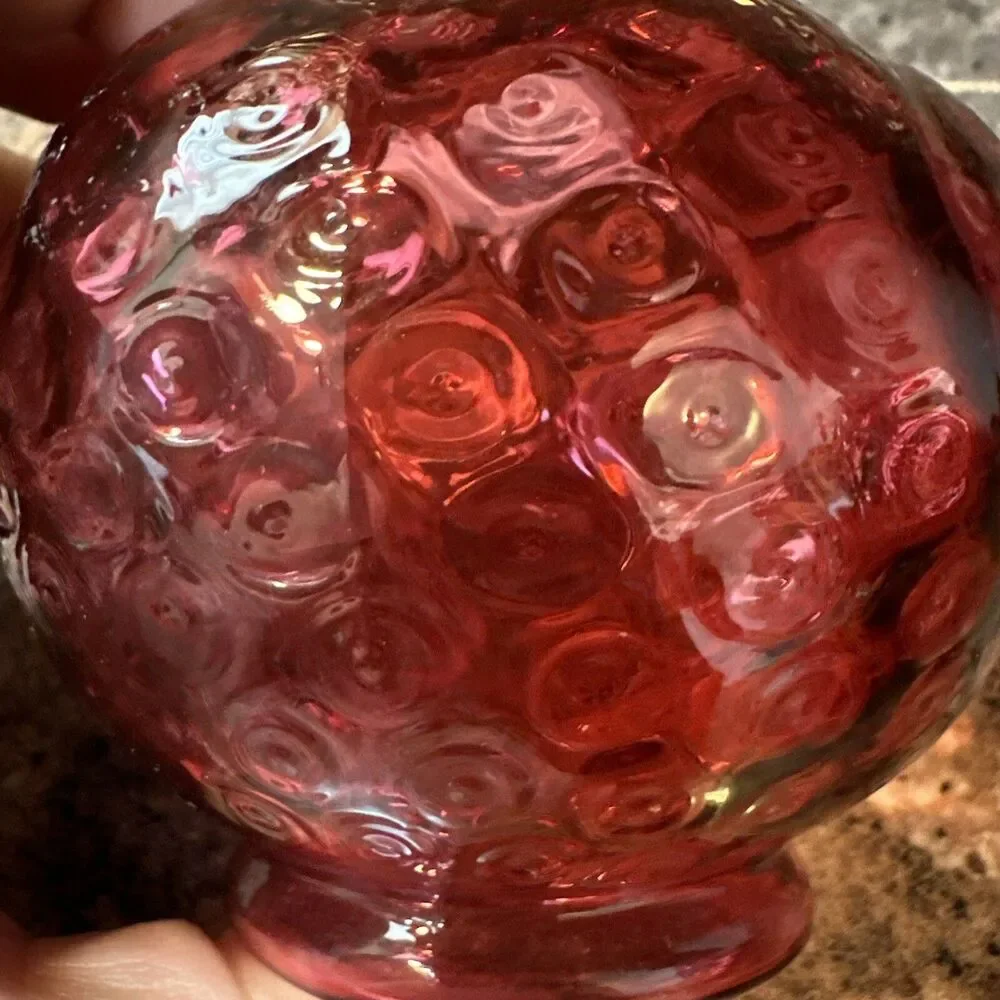 Fenton Cranberry Glass Rose Bowl Vase Reverse Coin Dot Crimped vase